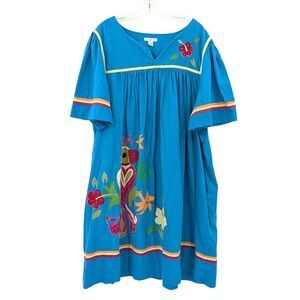 Go Softly Vintage Housecoat Embroidered Tunic Dress Cotton Boho Bird Blue 3X